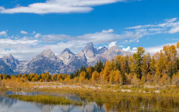 HD desktop wallpaper of Grand Teton National Park in Wyoming, USA, featuring fall foliage, a river, trees, mountains, and a partly cloudy sky.
