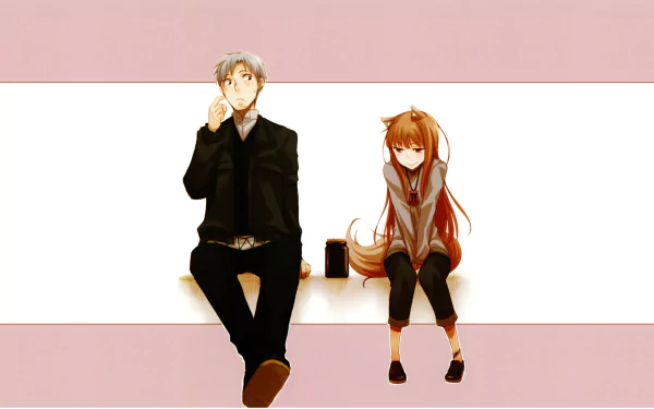 Holo and Kraft Lawrence from Spice & Wolf sit side by side against a pink and white background in this 4K Ultra HD anime desktop wallpaper.