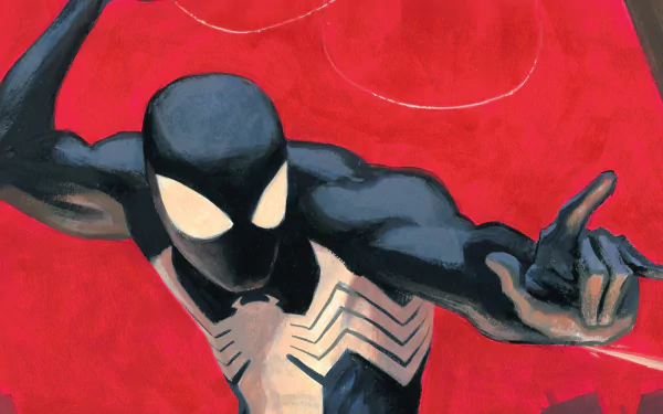HD PC desktop wallpaper of Spider-Man in a black symbiote suit with white spider emblem, striking a web-shooting pose on a bold red comic-style background — Your Friendly Neighborhood Spider-Man.