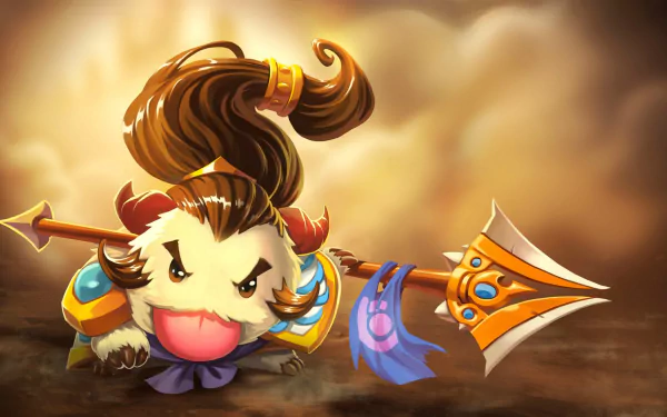 A vibrant HD desktop wallpaper featuring Poro dressed as Xin Zhao from League of Legends, showcasing a playful character design with an expressive face and a spear.