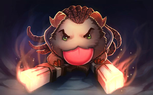 HD desktop wallpaper featuring a poro from League of Legends styled as the character Lucian, with glowing guns and a dynamic pose.
