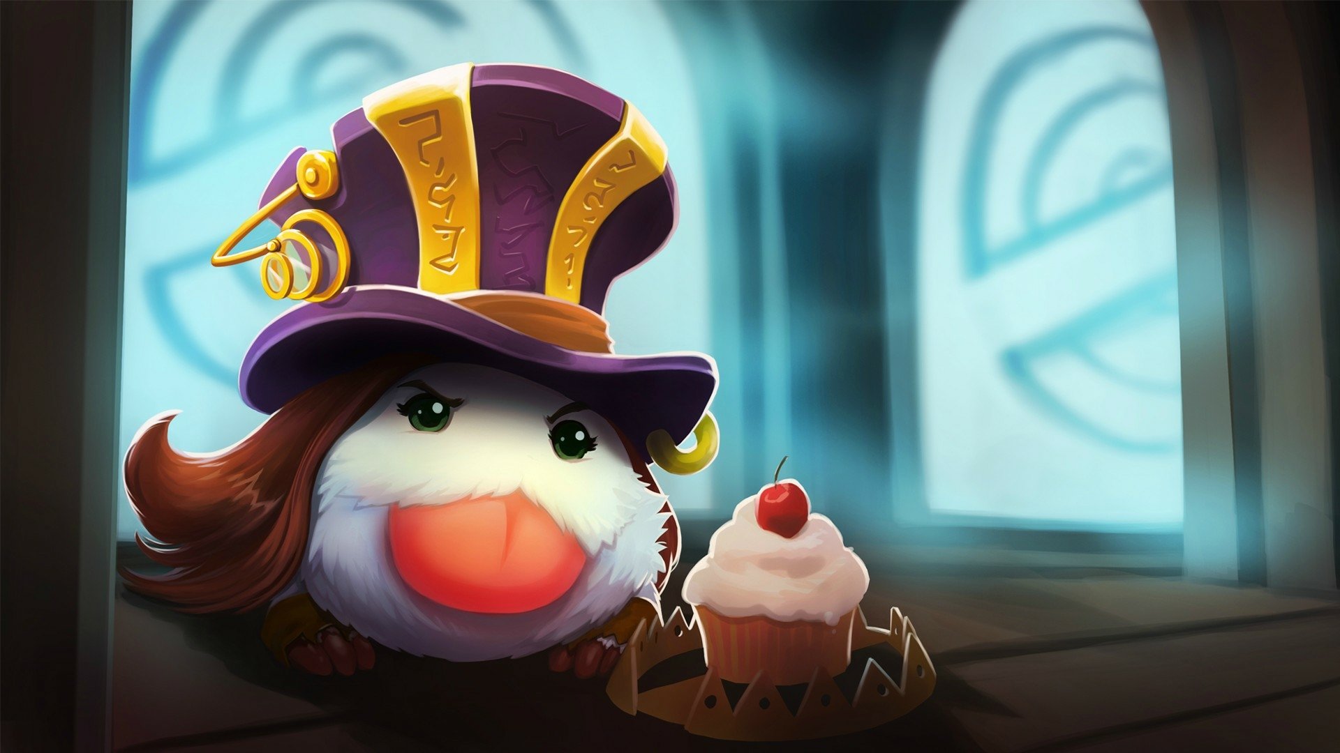 HD League of Legends wallpaper featuring a Poro wearing a purple and gold top hat next to a cupcake, with a soft blue-toned background inspired by the game’s aesthetic.