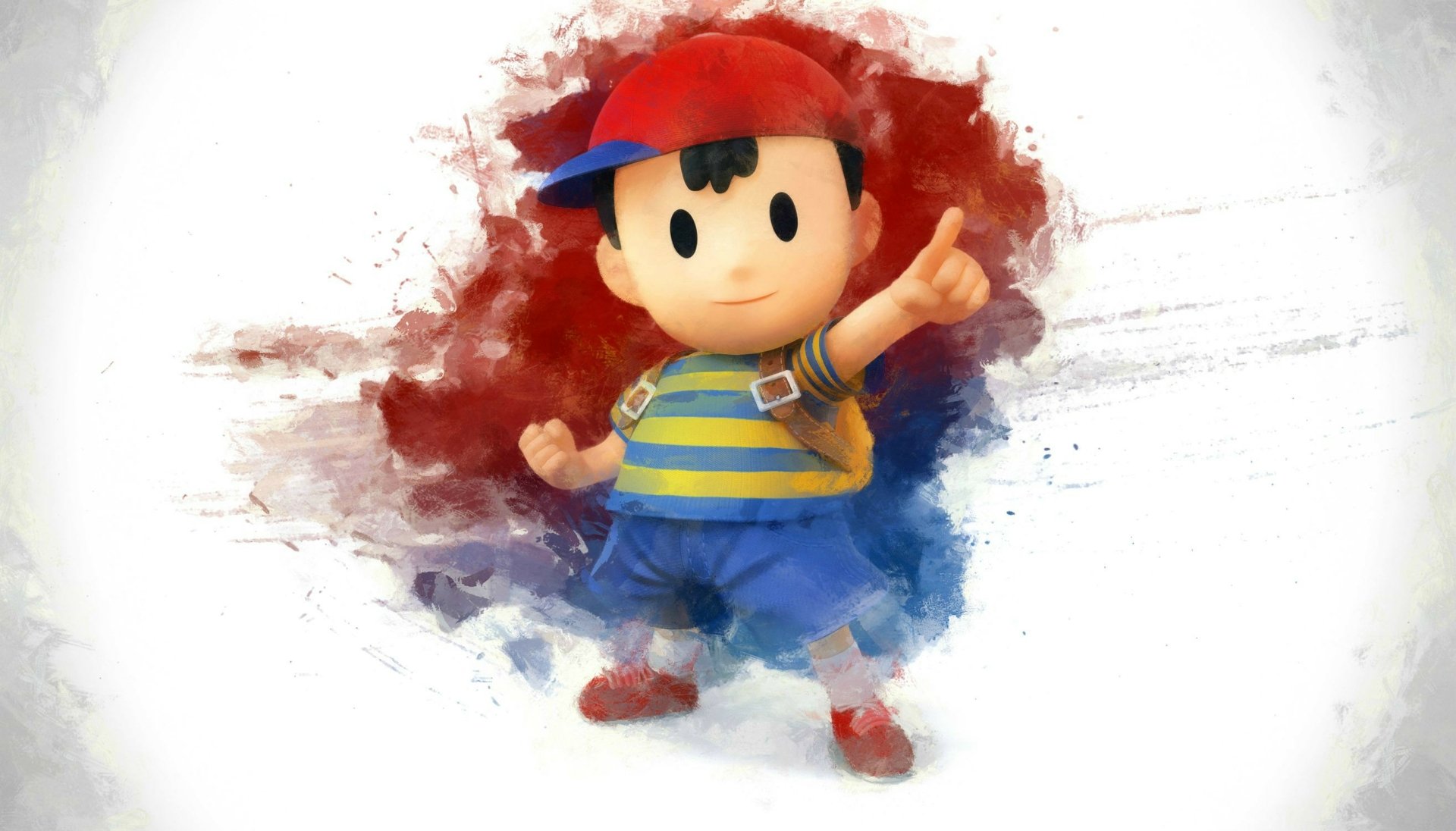HD PC wallpaper featuring Ness from EarthBound, depicted in a dynamic pose with a watercolor splash effect, representing Super Smash Bros. for Nintendo 3DS and Wii U.