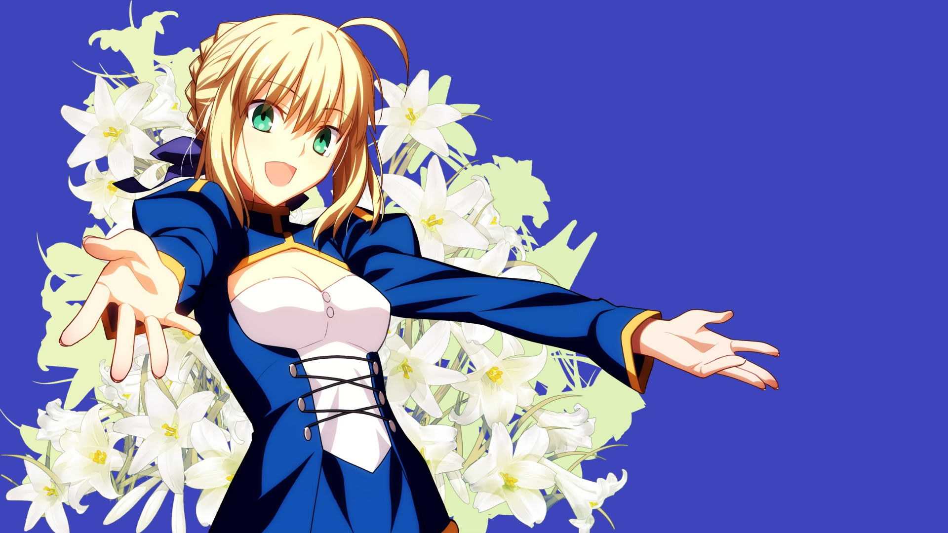 A vibrant 4K Ultra HD wallpaper featuring Saber from the Fate Series, surrounded by white lilies against a blue background, showcasing her cheerful expression and iconic outfit.