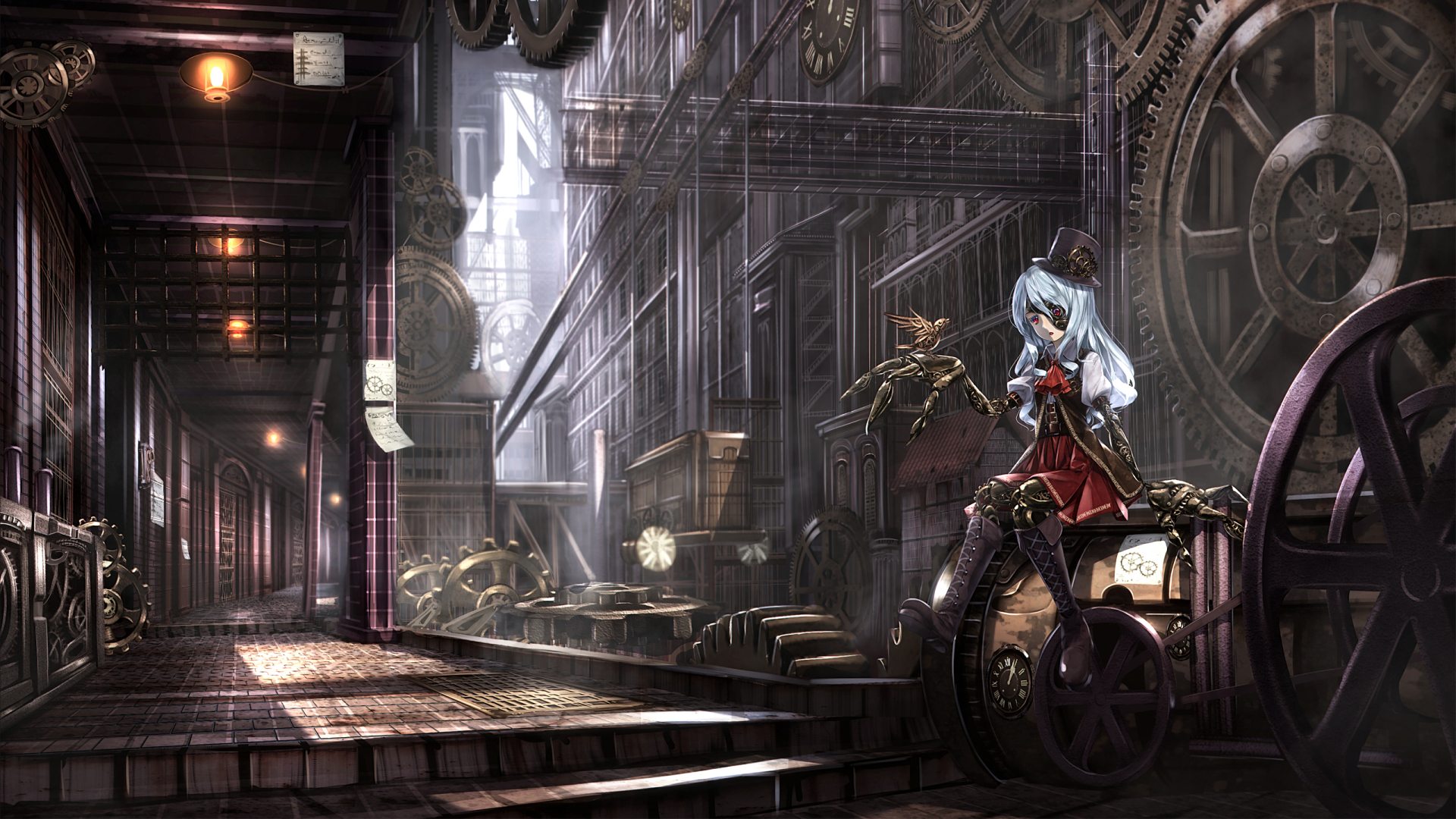 HD anime original desktop wallpaper featuring a blue-haired character in a detailed steampunk setting filled with large gears and industrial machinery.
