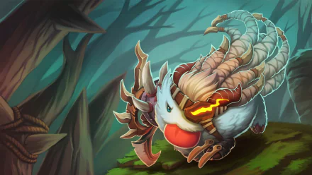 A high-definition desktop wallpaper featuring Rengar Poro from the video game League of Legends in a forest background. The detailed artwork captures the essence of the game's fantasy world.