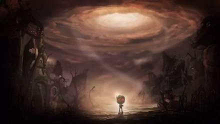 HD PC desktop wallpaper featuring Amumu from League of Legends, set in a dark, eerie landscape with a glowing sky above.