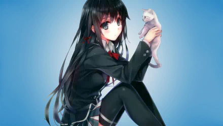 An HD desktop wallpaper of Yukino Yukinoshita from the anime My Teen Romantic Comedy SNAFU, featuring her holding a cute white kitten against a blue background.
