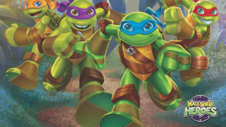 HD PC desktop wallpaper for the movie Teenage Mutant Ninja Turtles: Half Shell Heroes — Blast to the Past: four cheerful turtles sprinting toward the viewer in bright colors with the series logo.