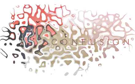 Minimalist HD desktop wallpaper featuring abstract, wavy typography with the word CONFUSION blending into a distorted, fluid background in soft red, black, and beige tones.
