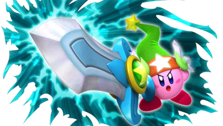 A vibrant HD desktop wallpaper featuring Kirby, the iconic character from the video game Kirby's Return to Dream Land, wielding a sword amidst energetic swirls.