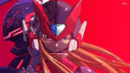 HD PC desktop wallpaper featuring a detailed close-up of Zero from the Mega Man Zero Collection video game, with vibrant red and pink tones.