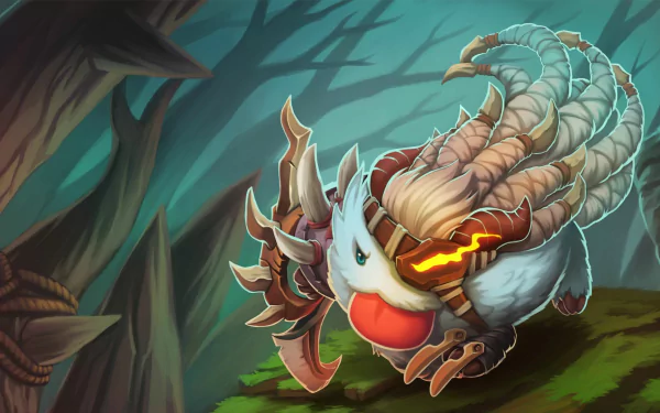 A high-definition desktop wallpaper featuring Rengar Poro from the video game League of Legends in a forest background. The detailed artwork captures the essence of the game's fantasy world.