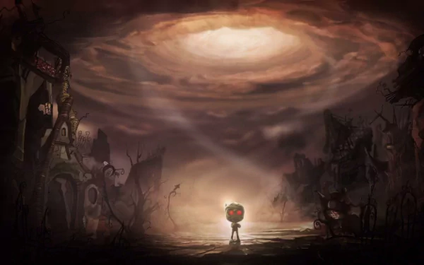 HD PC desktop wallpaper featuring Amumu from League of Legends, set in a dark, eerie landscape with a glowing sky above.