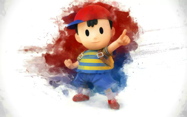 HD PC wallpaper featuring Ness from EarthBound, depicted in a dynamic pose with a watercolor splash effect, representing Super Smash Bros. for Nintendo 3DS and Wii U.