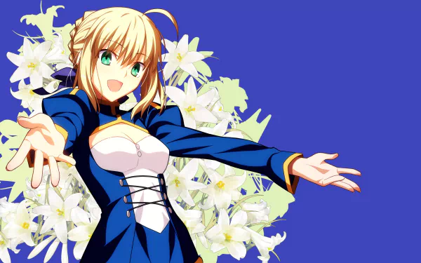 A vibrant 4K Ultra HD wallpaper featuring Saber from the Fate Series, surrounded by white lilies against a blue background, showcasing her cheerful expression and iconic outfit.