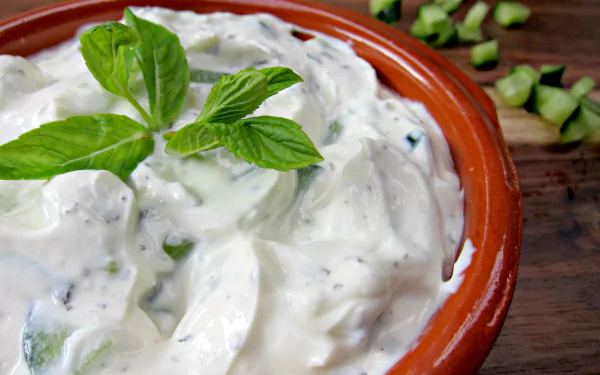 Close-up of creamy tzatziki topped with mint in a terracotta bowl on wood; 2K Quad HD PC desktop wallpaper/background.