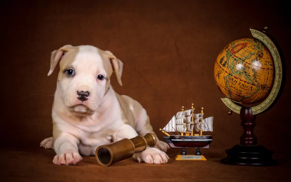 A cute pit bull puppy rests beside a globe and a ship model, surrounded by a warm brown backdrop, creating an adorable and adventurous scene for a desktop wallpaper.