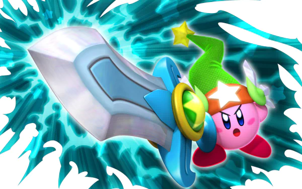 A vibrant HD desktop wallpaper featuring Kirby, the iconic character from the video game Kirby's Return to Dream Land, wielding a sword amidst energetic swirls.