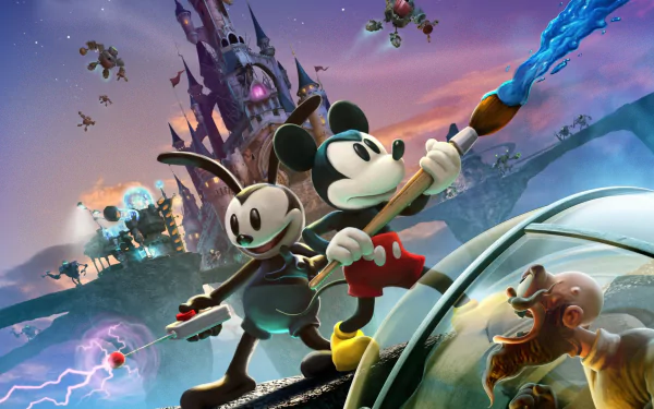 HD PC desktop wallpaper featuring characters from the video game Epic Mickey 2: The Power of Two, showing Mickey and Oswald in an action-packed fantasy scene.