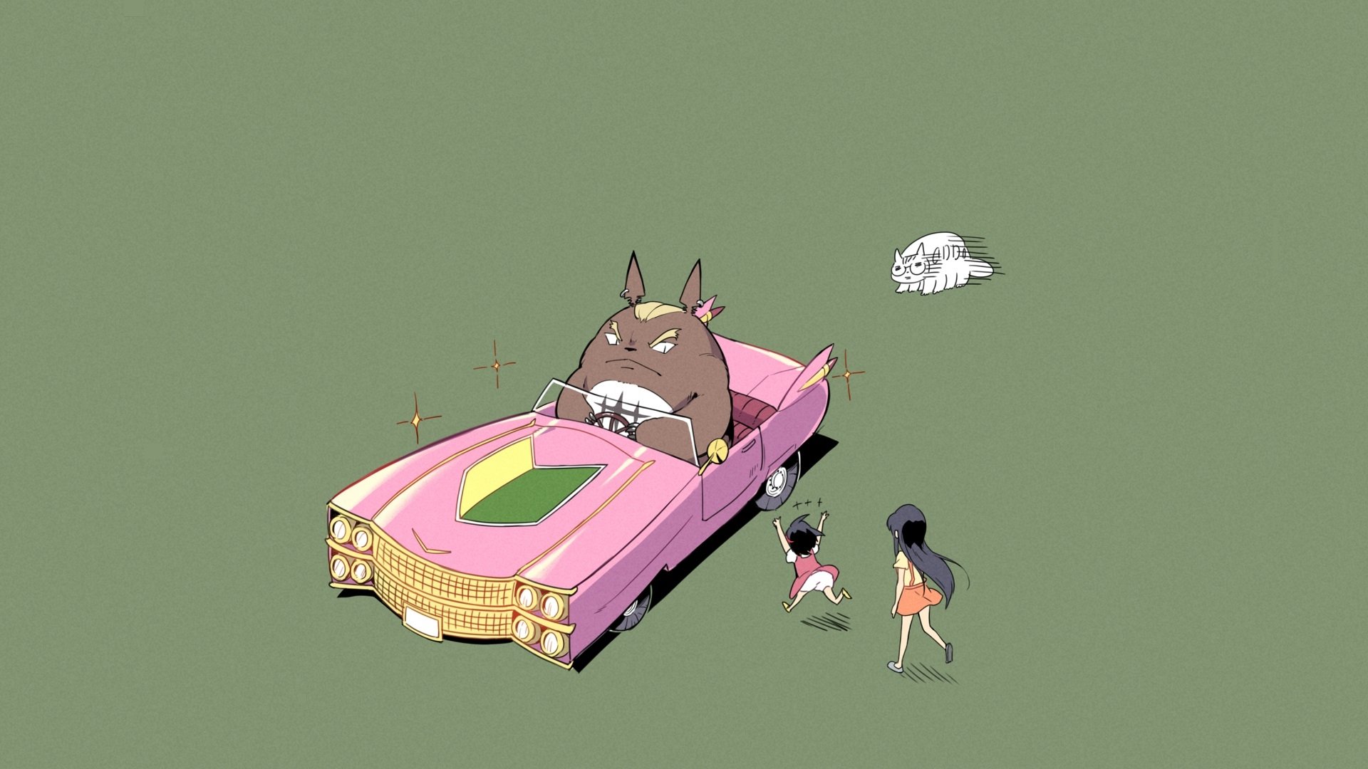 Anime-style HD desktop wallpaper featuring Satsuki Kusakabe, Mei Kusakabe, Totoro, and Catbus from My Neighbor Totoro with a pink vintage car on a green background.