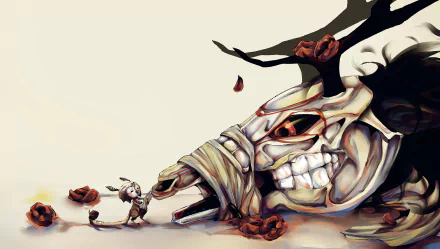 A fantasy-themed HD desktop wallpaper featuring a large deer skull with horns adorned by flowers, alongside a small figure interacting with the scene.