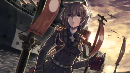 Anime-style military character stands on a battleship deck at sunset, with flags and warplanes in the background, designed as an HD PC desktop wallpaper.