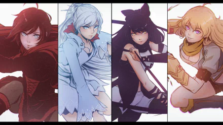 HD PC desktop wallpaper featuring anime characters Yang Xiao Long, Blake Belladonna, Weiss Schnee, and Ruby Rose from RWBY in dynamic poses.