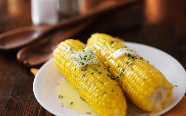 8K Ultra HD PC desktop wallpaper background: close-up of two buttered corn on the cob garnished with herbs on a white plate over a warm wooden table. (food, corn)