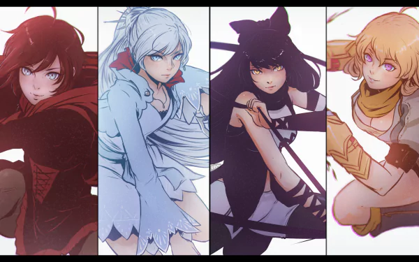 HD PC desktop wallpaper featuring anime characters Yang Xiao Long, Blake Belladonna, Weiss Schnee, and Ruby Rose from RWBY in dynamic poses.