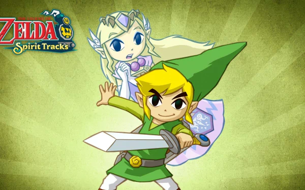 HD desktop wallpaper featuring Link and Zelda from the video game The Legend of Zelda: Spirit Tracks, set against a green textured background.