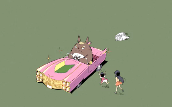 Anime-style HD desktop wallpaper featuring Satsuki Kusakabe, Mei Kusakabe, Totoro, and Catbus from My Neighbor Totoro with a pink vintage car on a green background.