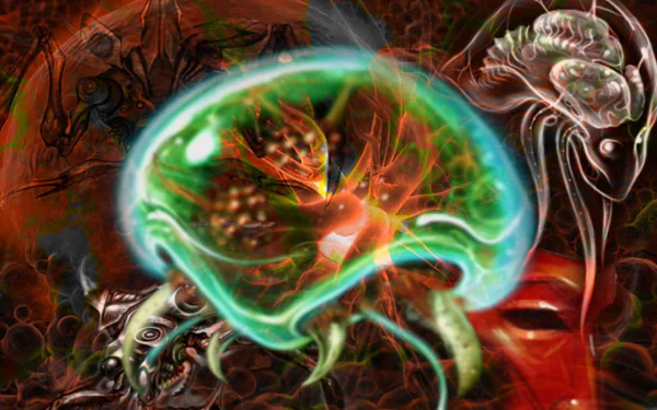 HD PC desktop wallpaper featuring a detailed, glowing Metroid creature from the Metroid video game series against a dark, intricate sci-fi background.