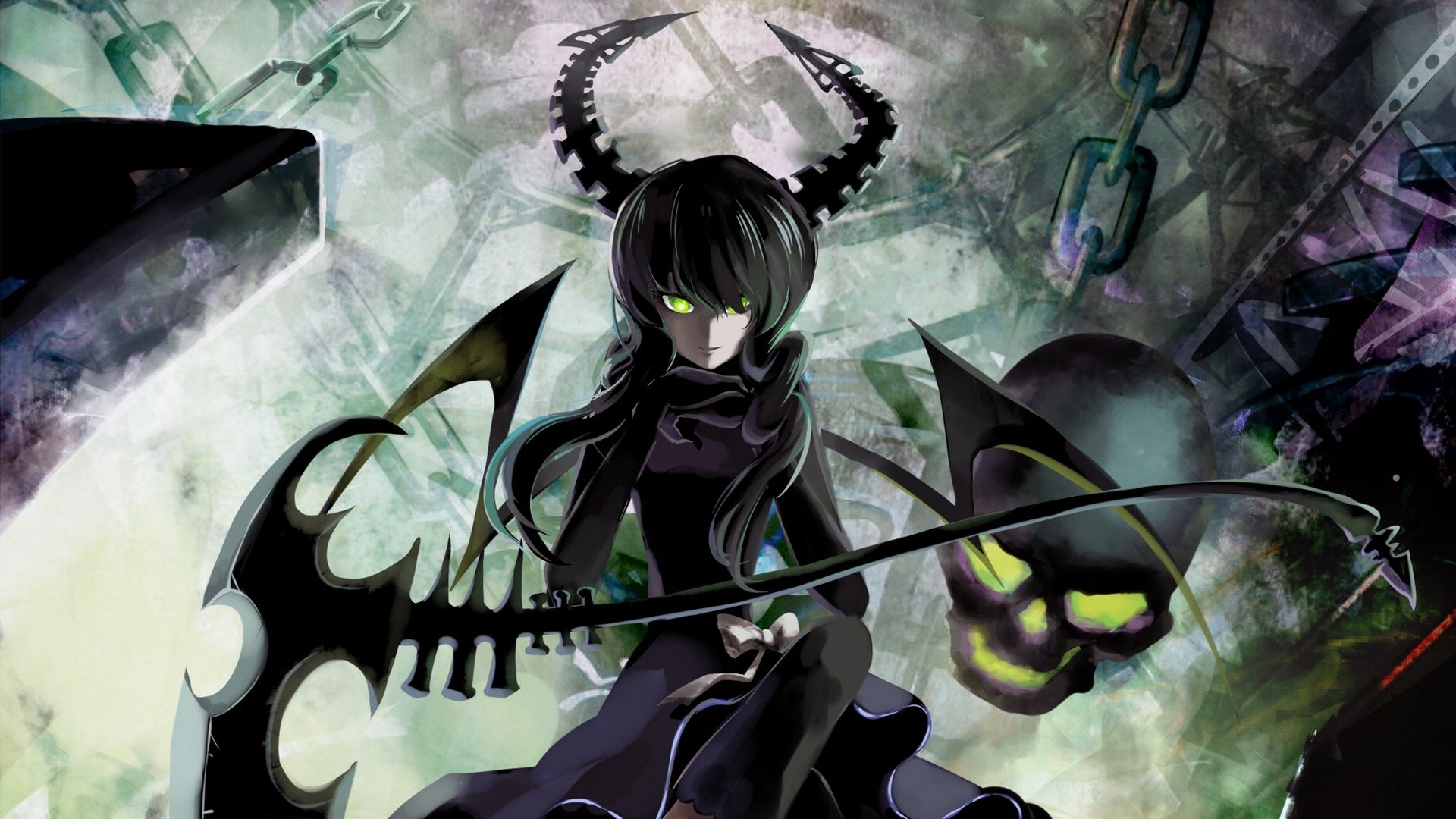HD wallpaper featuring Dead Master from Black Rock Shooter, showcasing her in a dynamic pose with a scythe, surrounded by an eerie background with chains and a sinister skull.