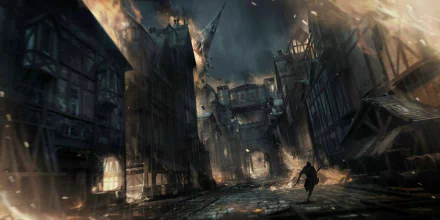 A dramatic HD wallpaper from the video game Thief, featuring a dark, burning cityscape with a lone figure navigating through the chaos and destruction.