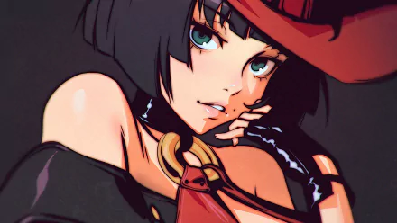Close-up of I-No (Guilty Gear) in a red hat and outfit, teal eyes and short black hair. HD PC desktop wallpaper/background; video game art from Guilty Gear.