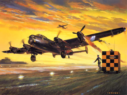 HD PC desktop wallpaper background: military Avro Lancaster bomber lifting off at sunset from a runway, crew and ground signaler visible, another Lancaster silhouetted against dramatic sky.