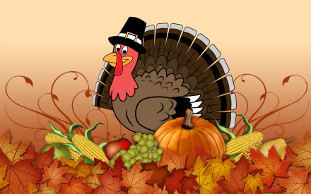 Colorful Thanksgiving wallpaper featuring a cheerful turkey wearing a hat, surrounded by autumn leaves, pumpkins, and corn, creating a festive holiday atmosphere.