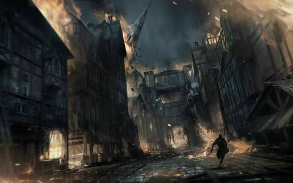 A dramatic HD wallpaper from the video game Thief, featuring a dark, burning cityscape with a lone figure navigating through the chaos and destruction.