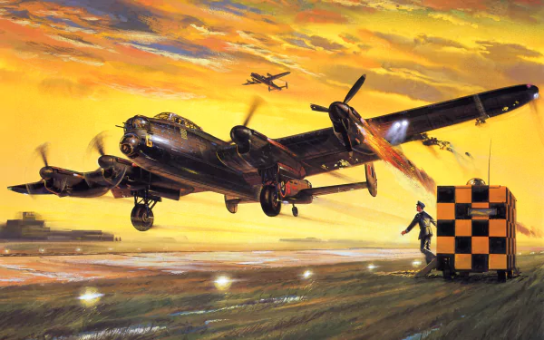 HD PC desktop wallpaper background: military Avro Lancaster bomber lifting off at sunset from a runway, crew and ground signaler visible, another Lancaster silhouetted against dramatic sky.
