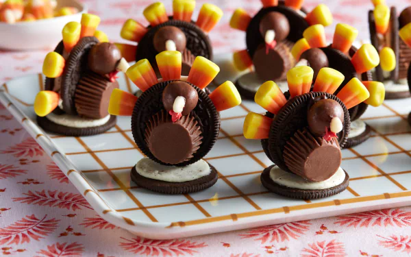 4K Ultra HD Thanksgiving holiday wallpaper featuring turkey-shaped sweets made with chocolate, candy corn, and cookies, arranged on a decorative plate.