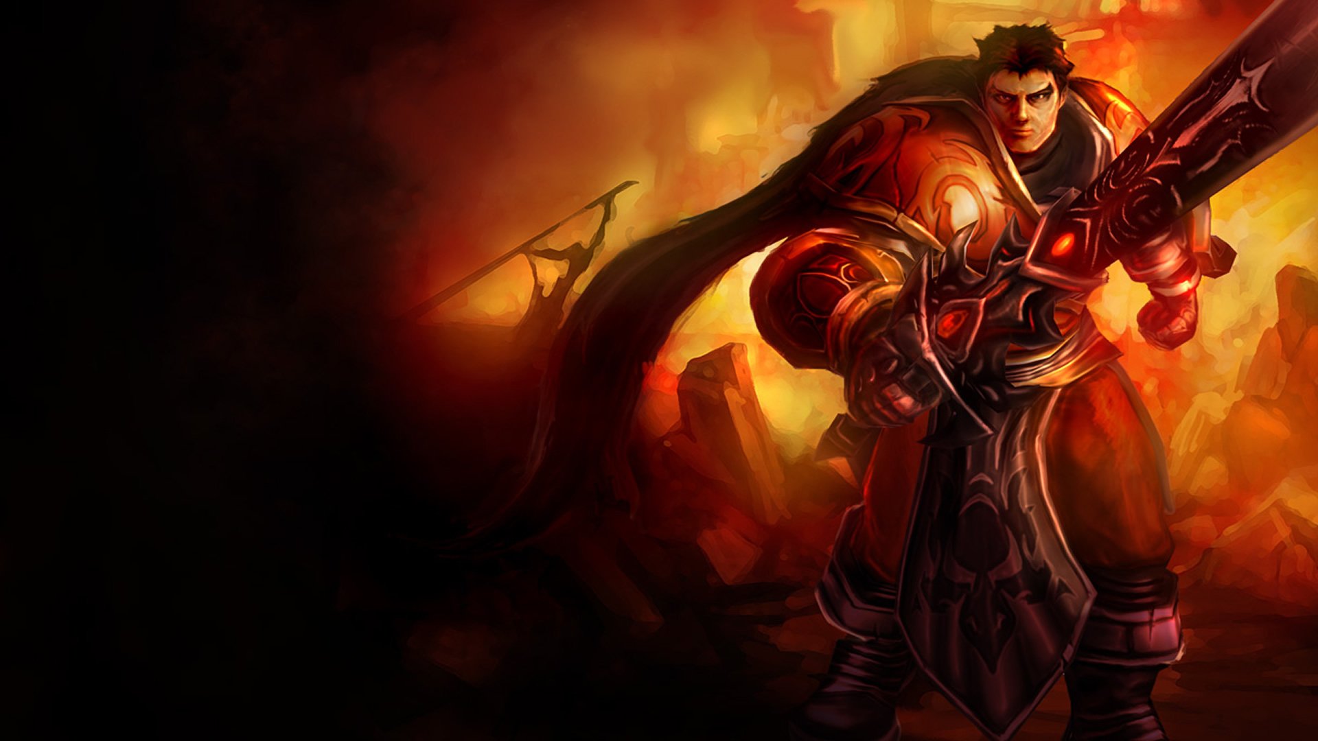 HD desktop wallpaper of Garen from the video game League of Legends, showcasing the character in detailed armor against a fiery, dynamic background.