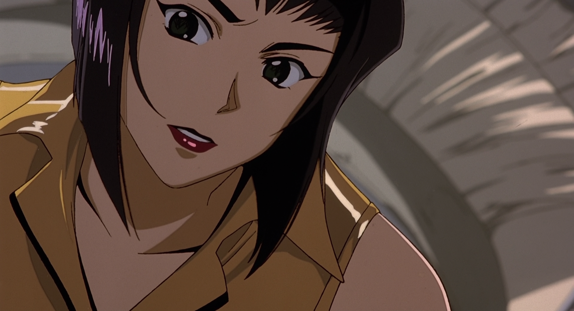 Close-up anime portrait of Faye Valentine from Cowboy Bebop — HD PC desktop wallpaper showing her short dark hair, yellow top and a sly smile against a metallic backdrop.