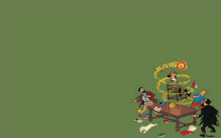 Colorful HD wallpaper featuring characters from The Adventures of Tintin amidst a chaotic scene around a table, with vibrant elements swirling above.