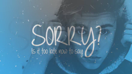 HD desktop wallpaper in blue featuring a quote from Justin Bieber: SORRY? Is it too late now to say.