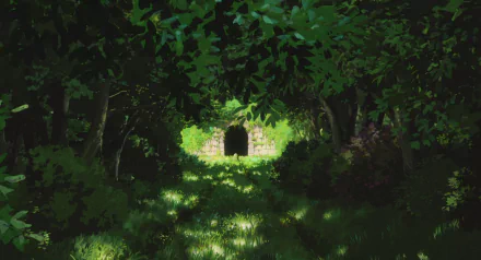 HD PC desktop wallpaper featuring a dark, lush forest clearing with an old stone door at the center, inspired by the anime Spirited Away.