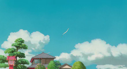 HD PC desktop wallpaper featuring an anime scene from Spirited Away with traditional Japanese houses, lush greenery, and a bright blue sky with fluffy clouds.