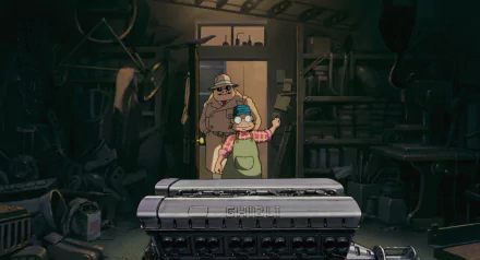 Anime HD PC desktop wallpaper and background — Porco Rosso: dim workshop hangar, mechanic in goggles holding a wrench, a man in the doorway, and a vintage seaplane engine in the foreground.