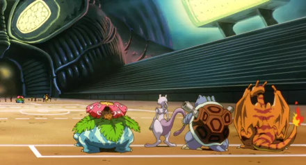 A vibrant HD desktop wallpaper featuring iconic Pokémon: Charizard, Blastoise, Mewtwo, and Venusaur, set in an anime-inspired scene from Pokémon: The First Movie.