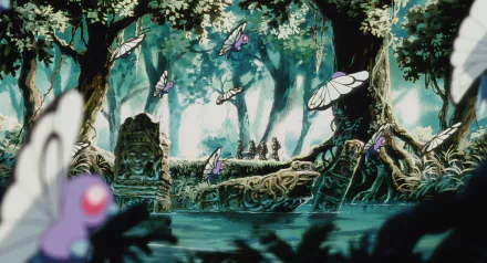 HD anime wallpaper from Pokémon: The First Movie featuring Butterfree flying through a lush forest with ancient stone carvings in the background.